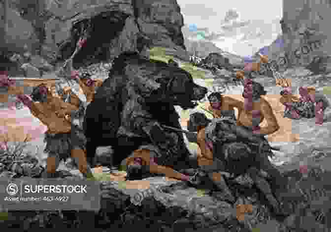 A Depiction Of A Group Of Cavemen Hunting Fossils Dinosaurs And Cave Men